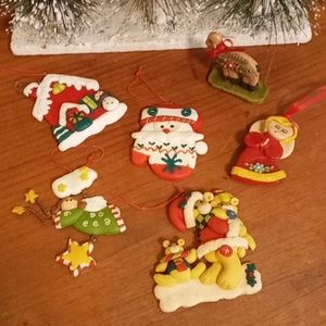 Vintage Handcrafted Polyclay and Dough Christmas Ornament Bundle of 6